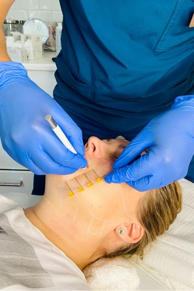 Image of a patient receiving Ultherapy treatment on different areas of the face.